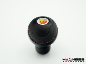 FIAT 500 Gear Shift Knob -  Black Italy - Black Base/ Black Leather Top + Chrome ABARTH Logo - Short Style